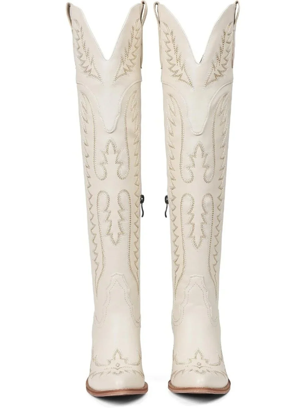 Women's Beige Embroidered Pointed Toe Western Cowgirl Over The Knee High Boots